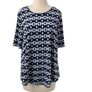Chico's The Ultimate Tee Half Sleeve Navy/White‎ Geometric Print Tunic Top 1/Med